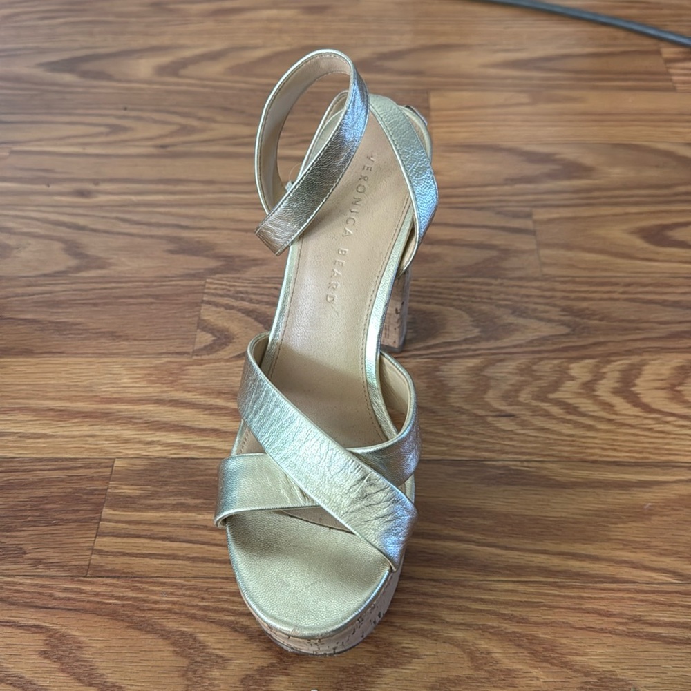 Amputee one shoe Veronica beard 7.5 right foot gold strappy heel platforms